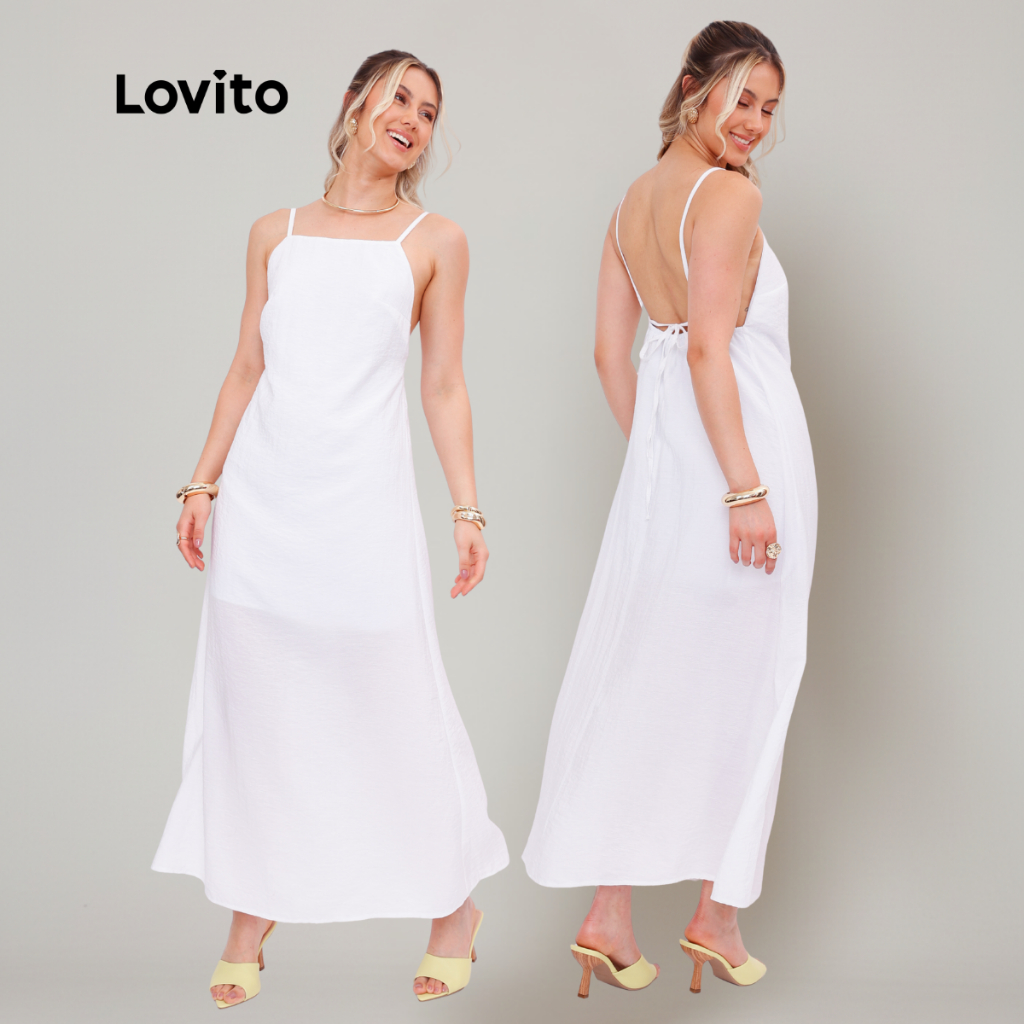 Lovito Vestido Longo Branco Feminino Moda Casual Liso LB1147BRL1177 em Oferta na Shopee