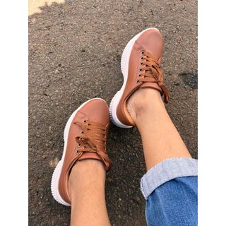 Tênis Chunky Therodan Cadarço Ana Bela Alta Caramelo Flat Form Plataforma