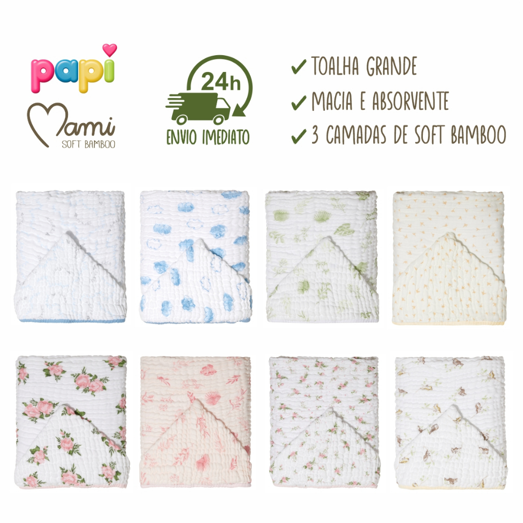 Toalha de Banho para Bebe Grande com Capuz Tecido Fralda Soft 3 Camadas Bamboo 110x85cm Mami Papi