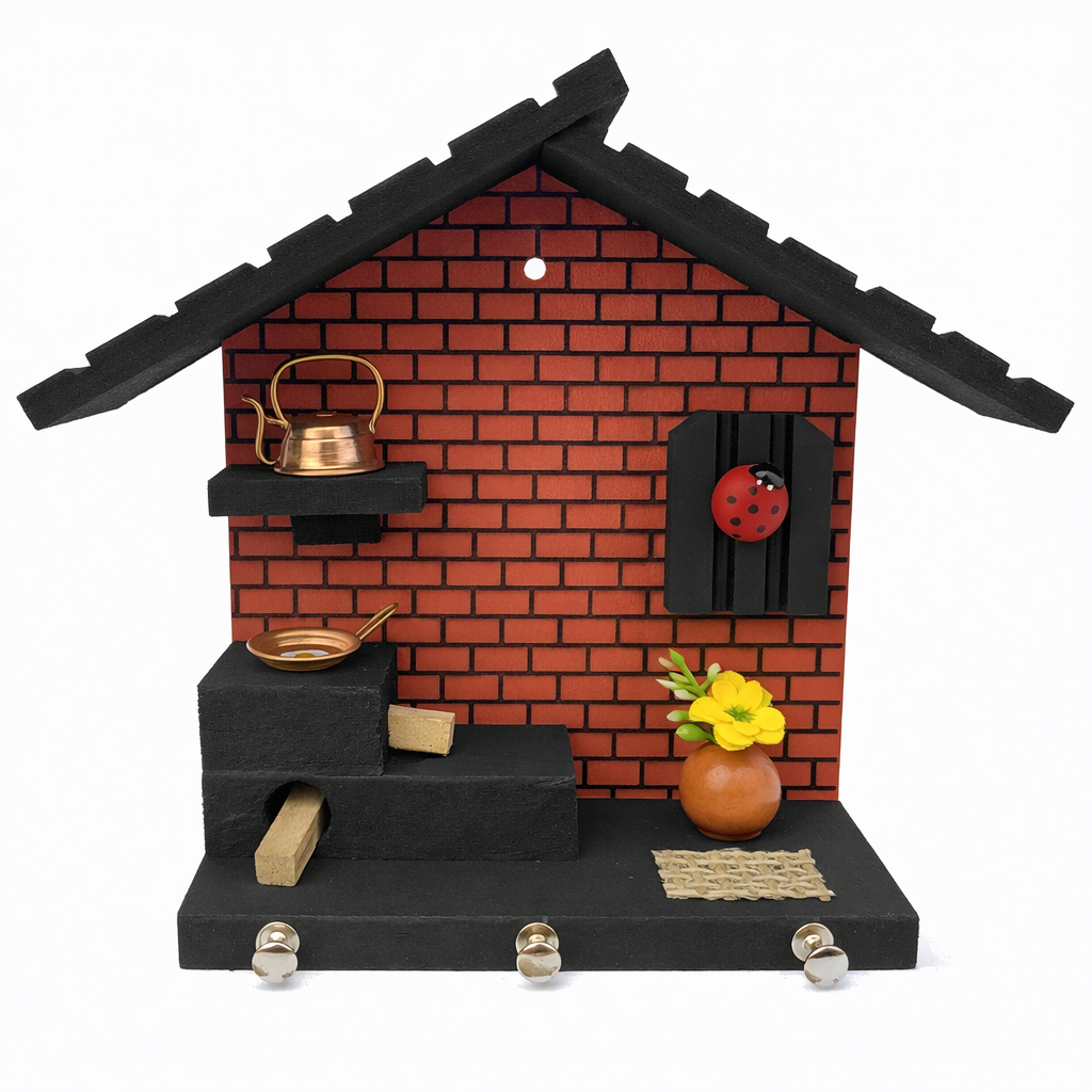 Porta Chaves Casinha Mineira Pequeno | Madeira Artesanal com Miniaturas de Cobre e Flor | 3 Ganchos em Oferta na Shopee