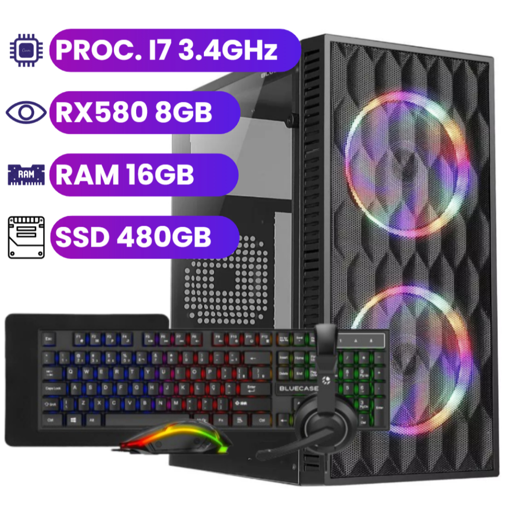 Computador Gamer Intel Core i7 3.4GHz - SSD 480GB - 16GB RAM - Placa de Vídeo RX580 8GB