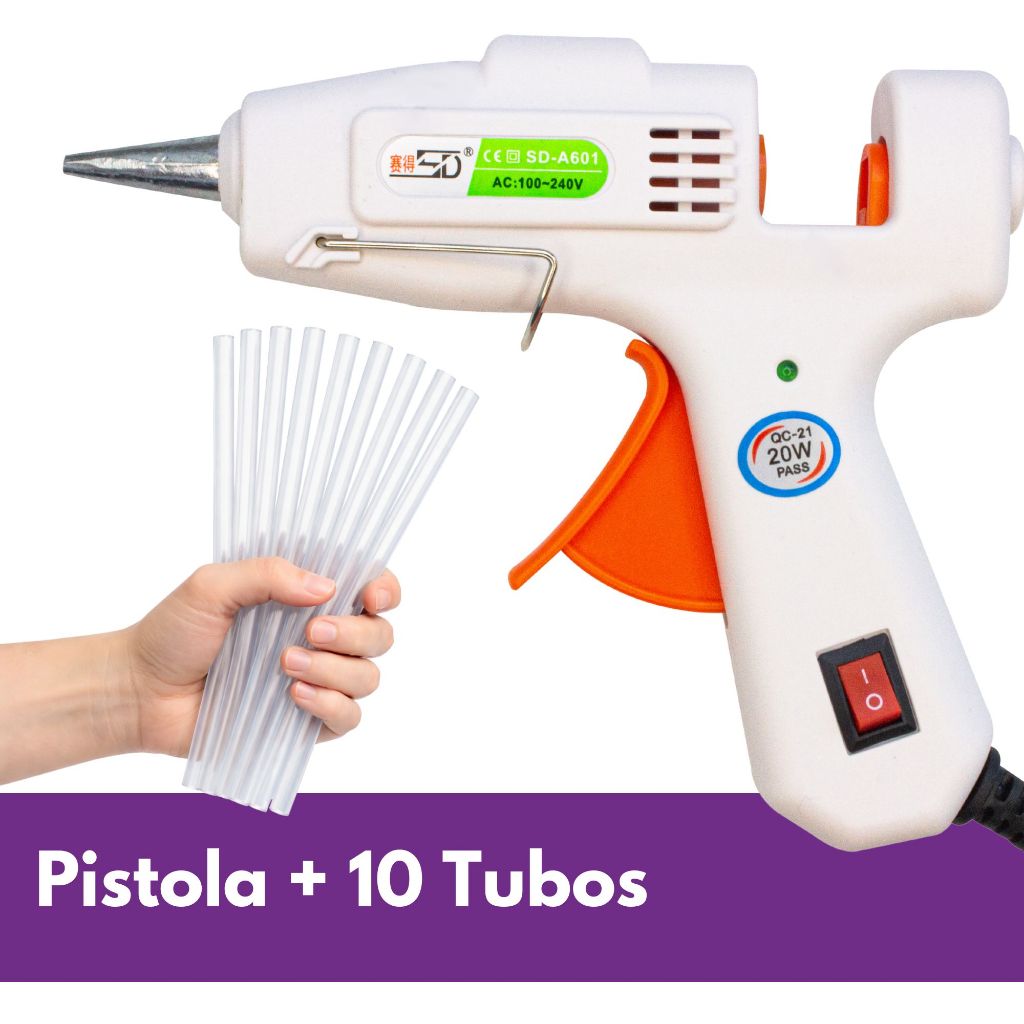Pistola De Cola Quente Bivolt Bico Fino, Botão Liga e Desliga 20w + 10 Bastões De Cola em Oferta na Shopee
