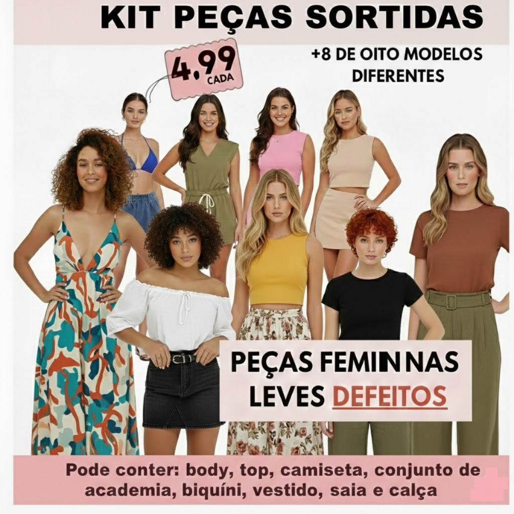KIT Surpresa 10 peças COM DEFEITOS Blusas, Manga Curta, Regatas, Bodys, Coppeds, Vestidos, Macaquinhos, Conjuntos em Oferta na Shopee