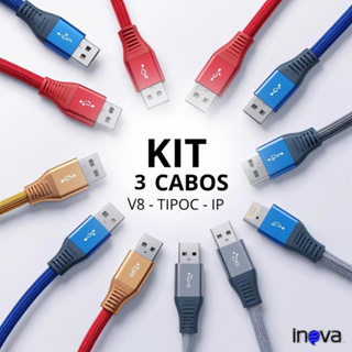 Kit 3 Cabos USB Nylon Turbo 1 Metro Tipo C V8 Lightning Inova em Oferta na Shopee