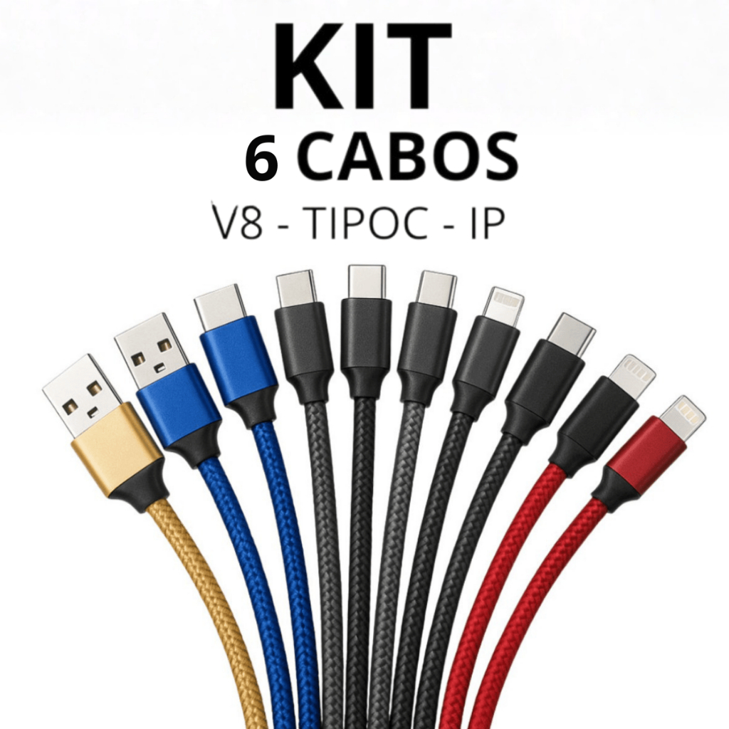 Kit 6 Cabos USB Carregamento 1 Metro Turbo Reforçado V8 Tipo C Iphone em Oferta na Shopee
