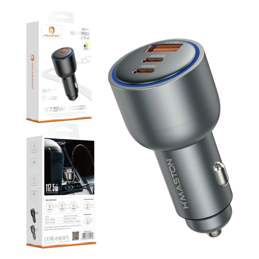 Carregador Veicular Carro Turbo 117.5w 3 Saídas Usb E Tipo-c H’maston L27-4