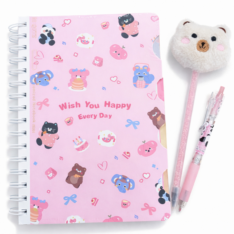 Kit Papelaria Fofa Caderno + Caneta + Lápis Infinito - A5 Capa Dura 120 Folhas | Papelaria Cute