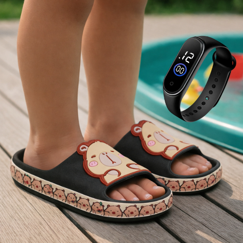 Chinelo Capivara Infantil Conforto e Acabamento Premium + Relógio Digital
