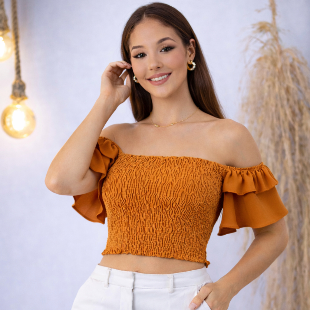 Blusa Cropped  Elastico Manga Sino Babado Lastex Modinha Carnaval Gestante Lactante