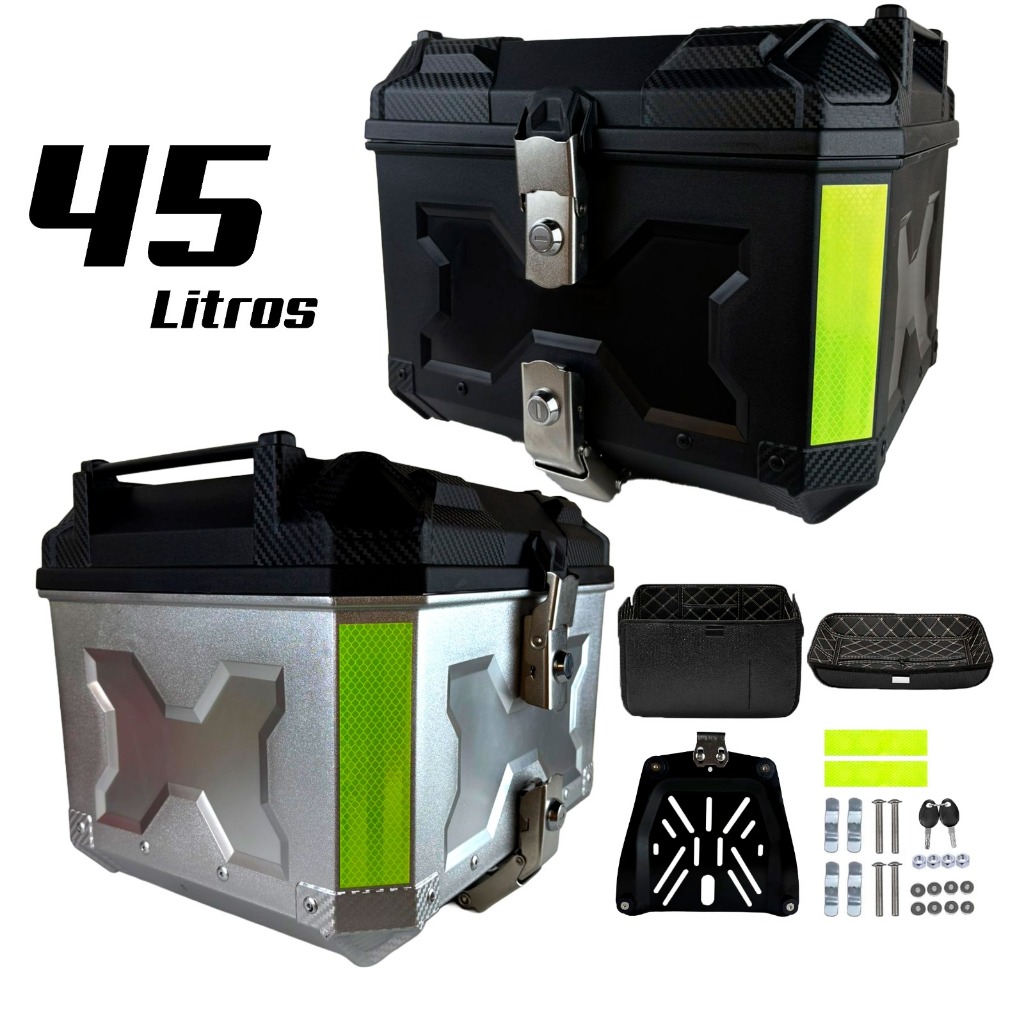 Baú Bauleto para Moto 45 litros Universal Com Forro e Base Kit Fixação Completo Trava Anti Roubo