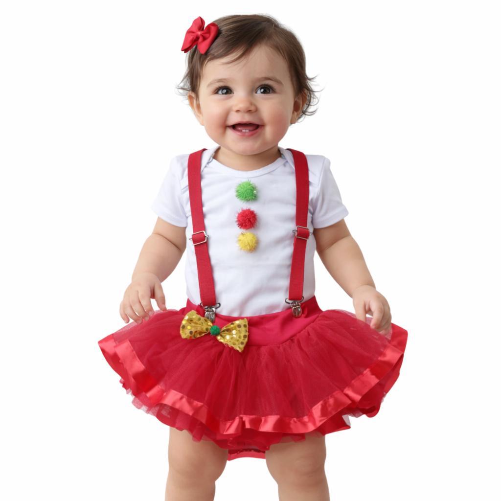 Conjunto De Bebê Menina Palhacinha Body Temático Circo Roupa Festa Fantasia Aniversário, Saia Tutu e Suspensório