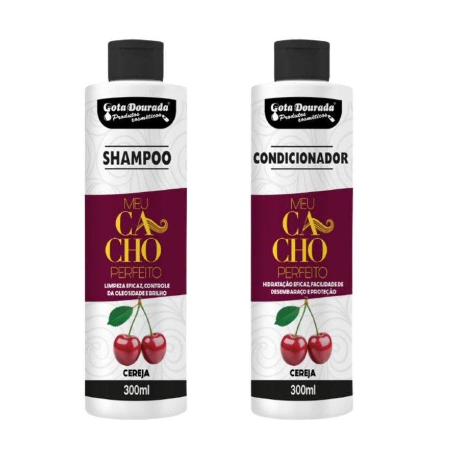 Kit Shampoo 300ml + Condicionador 300ml Meu Cacho Perfeito Cereja Gota Dourada