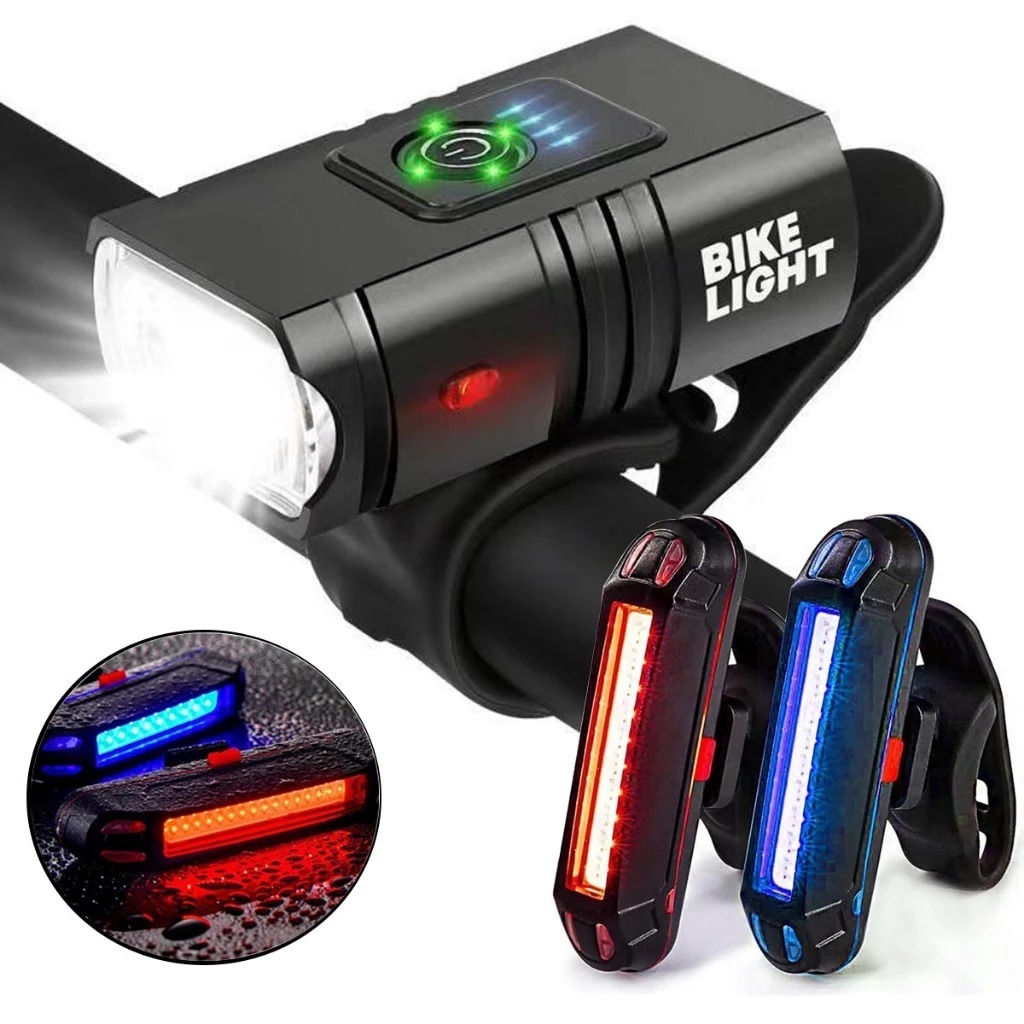 Lanterna 2 Led Farol Bike Usb Recarregável Led Luzes Com Visor + Sinalizador Traseira Led Usb Pisca