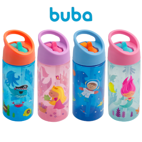 Garrafinha Infantil Aventuras Buba 380ml Antivazamento Canudo Retrátil Escolar Resistente Garrafa.