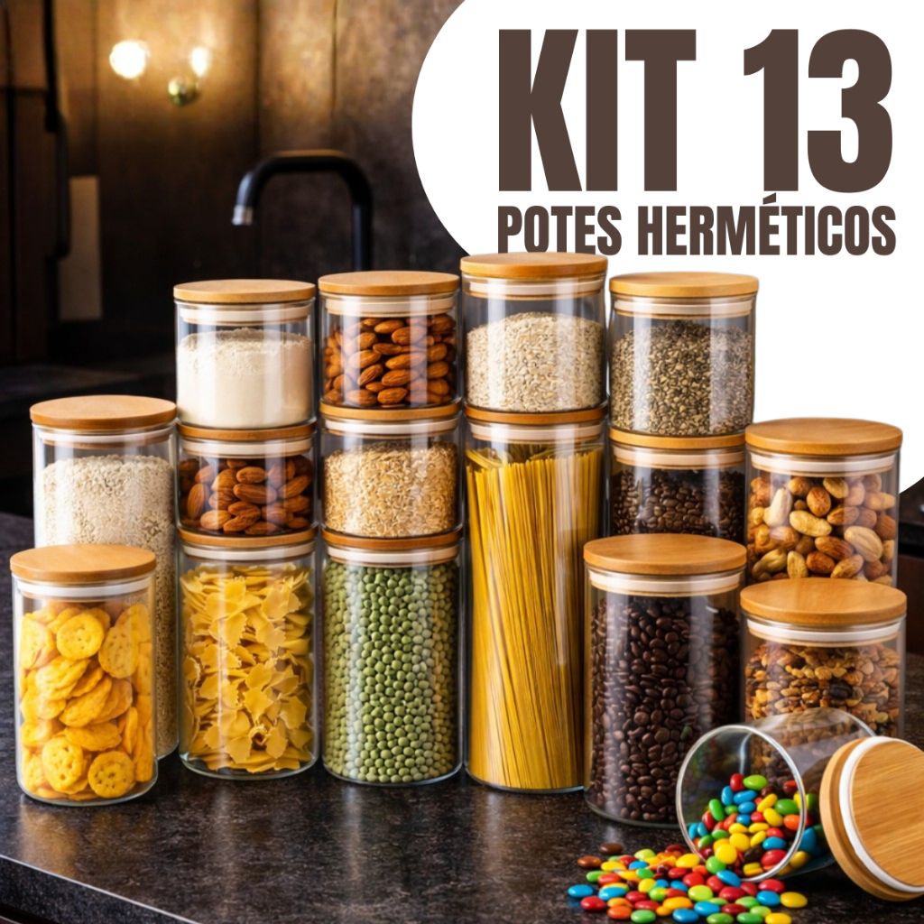 Kit de Potes De Vidro para Mantimentos com Tampa Bambu Herméticos Opções Disponíveis: Kit com 9 | Kit com 13