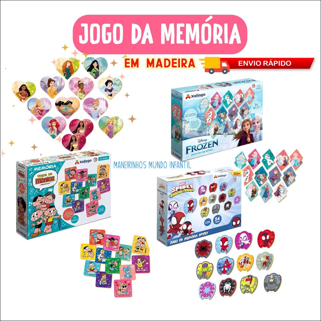 Jogo da Memória Spidey Frozen Princesas Turma da Monica Disney Homen Aranha- madeira Xalingo educativo em Oferta na Shopee