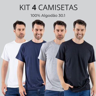 KIT 4 Camiseta Básica Masculina Lisa 100% Algodão 30.1 Manga Curta Acabamento Premium em Oferta na Shopee