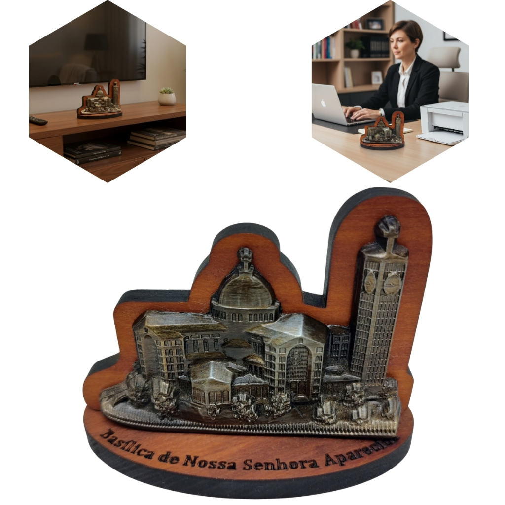 Enfeite de Mesa da Basílica de Nossa Senhora Aparecida Feita em Metal Cor Ouro Antigo e Madeira Peroba Peça Exclusiva