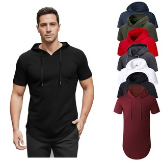 Camiseta Camisa Longline Manga Curta Slim Com Capuz Lisa ENMY Co. Várias Cores