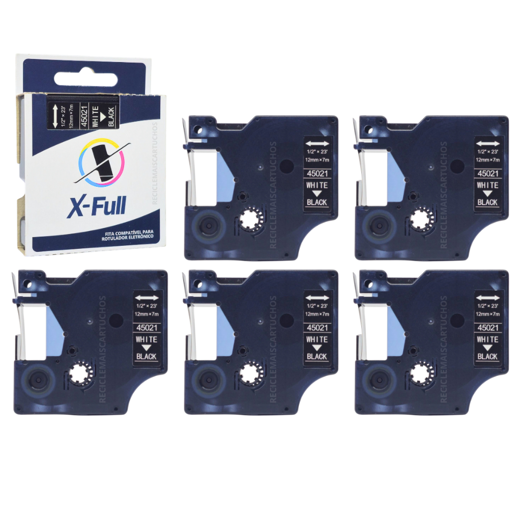 5 Fita 45021 12mm 7m Branco No Preto Compatível Para Rotulador Eletrônico Dymo D1 3M PL100 PL150 PL200 PL300 X-full