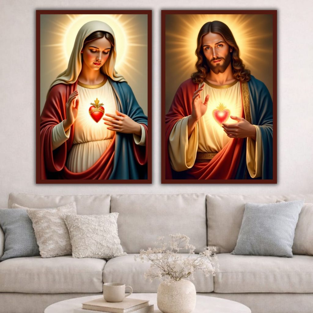 Quadros Decorativos Sagrados Corações de Jesus e Maria Kit 2 Peças Decoração Religioso Sala