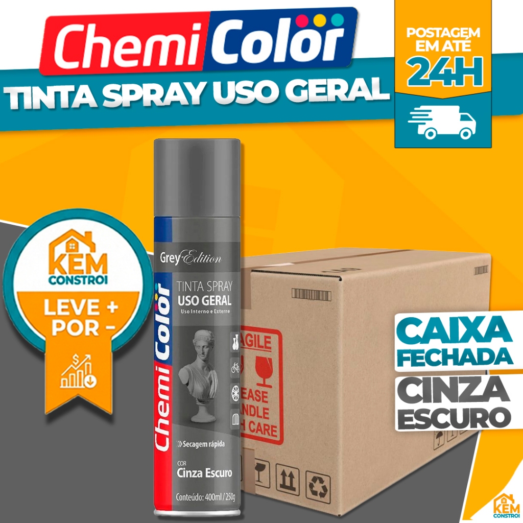 Kit Tinta Spray Uso Geral Cinza Escuro 400ML Secagem Rápida ChemiColor