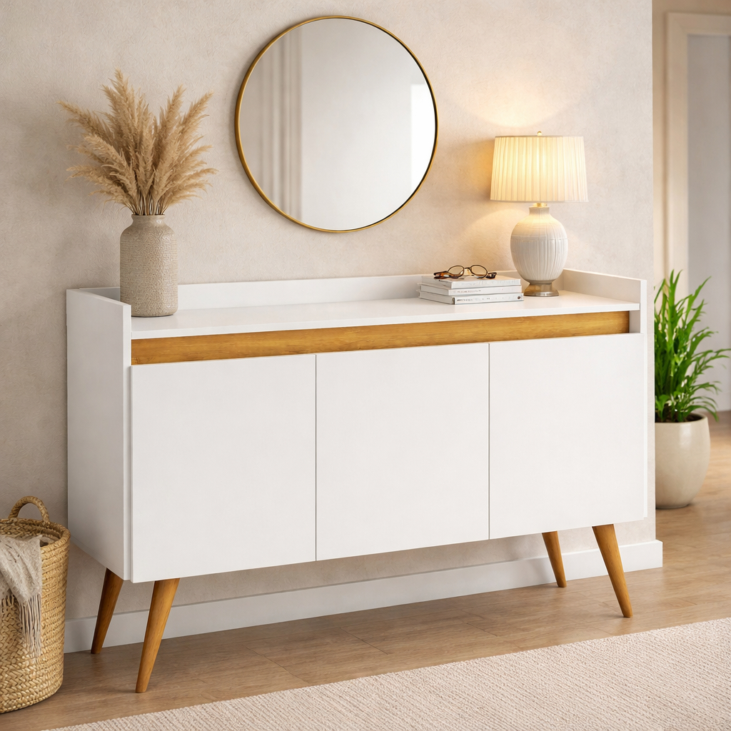 Aparador Sala Retrô Buffet Balcão Cantinho Do Café Luxo 3 Portas Recepção Branco Com Madeirado em Oferta na Shopee