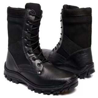 Bota Militar Masculina de Couro Solado Super Resistente Zíper Ajustável na Lateral Preta e Verde Envio Imediato