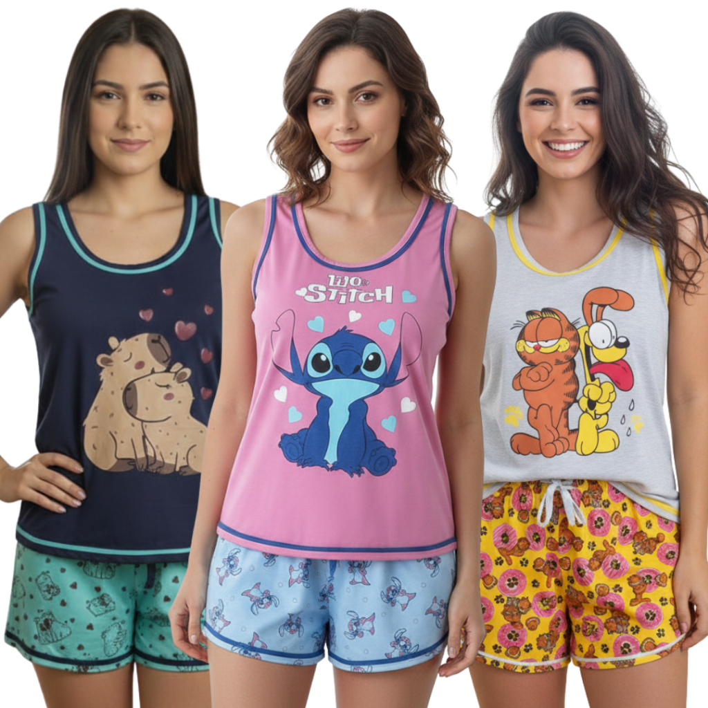 Baby Doll Personagens Regata / Pijama Feminino Estampado em Oferta na Shopee