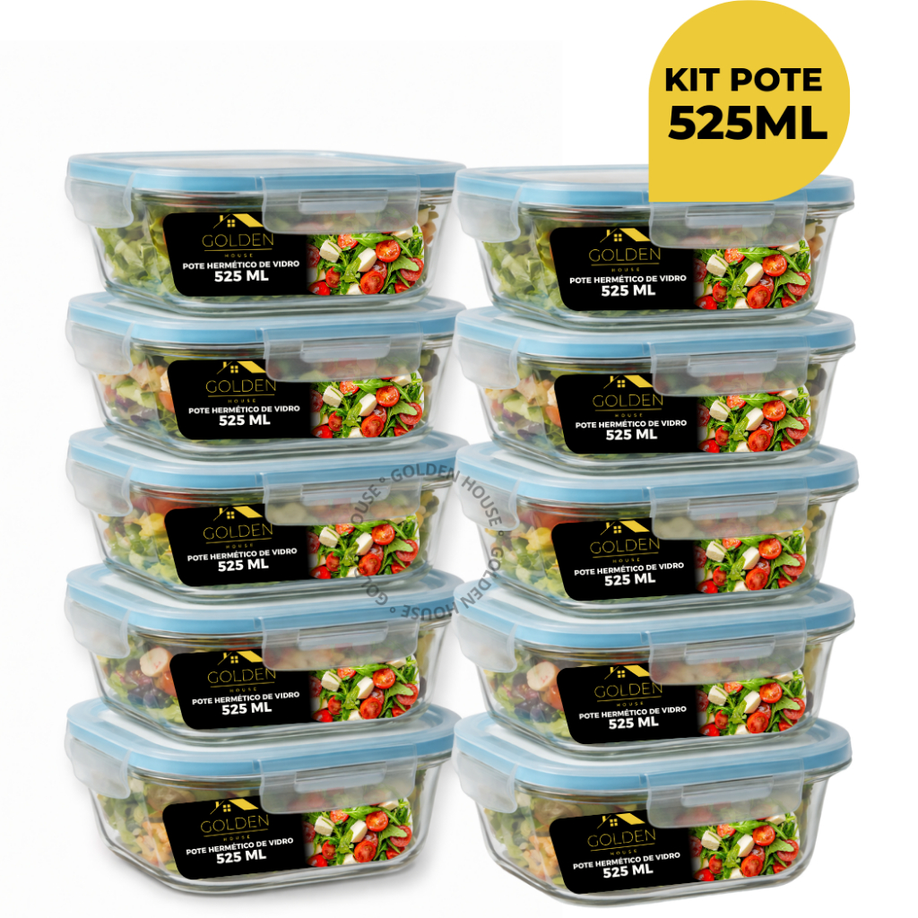 Kit 10 ou 5 Potes Vidro Hermético 525ml Quadrado Marmita Fitness Premium - 4 Travas em Oferta na Shopee