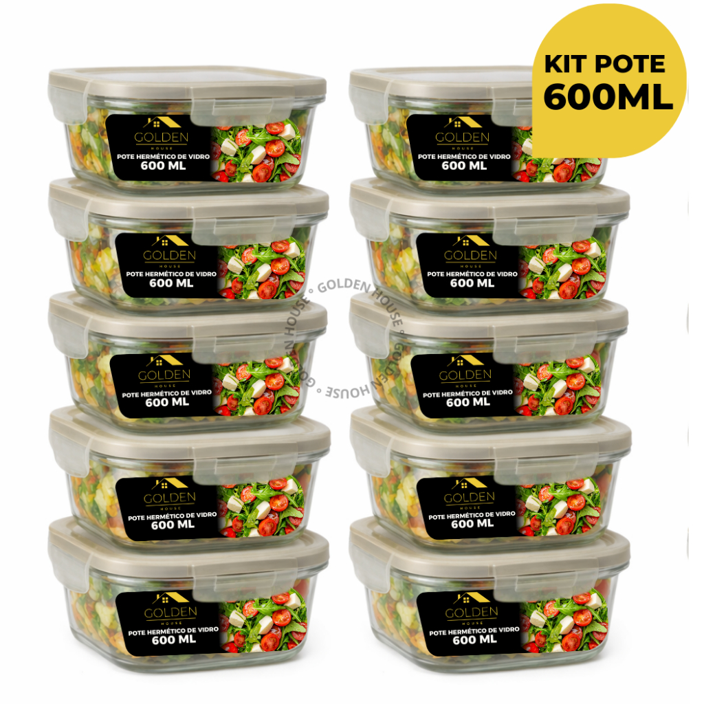Kit 10 ou 5 Potes Vidro Hermético 600ml Quadrado Premium