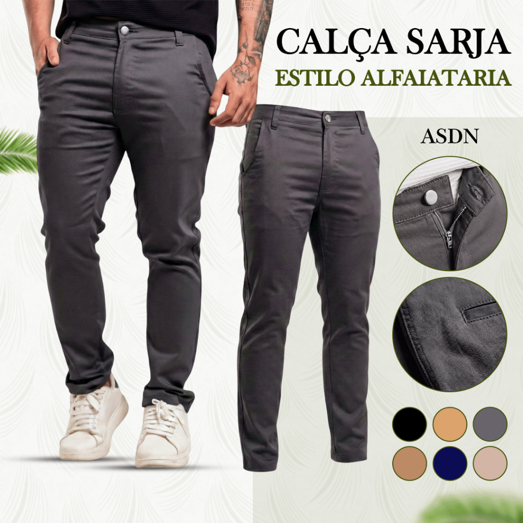 Calça Sarja Masculina Alfaiataria com Elastano | Sport Fino Social Premium Lycra Preto Bege Cinza