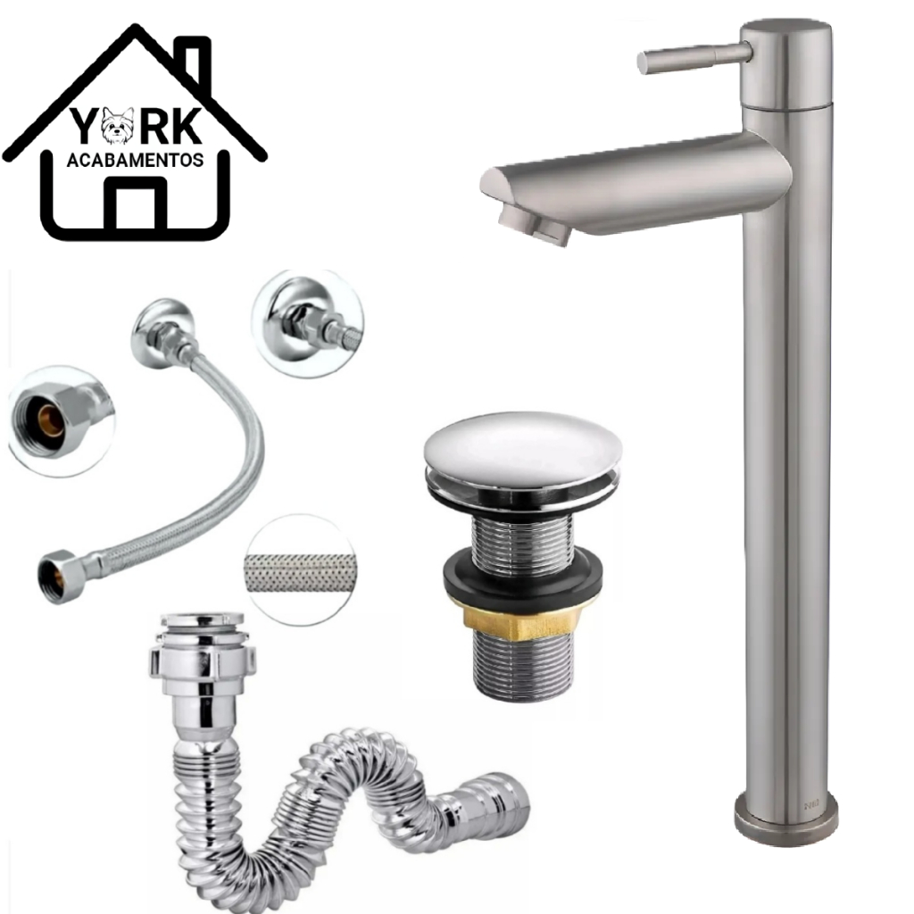 Kit Torneira Alta Metal Bancada Banheiro Lavabo + Válvula Comum ou Click + Sifão Cromado Engate 60cm em Oferta na Shopee