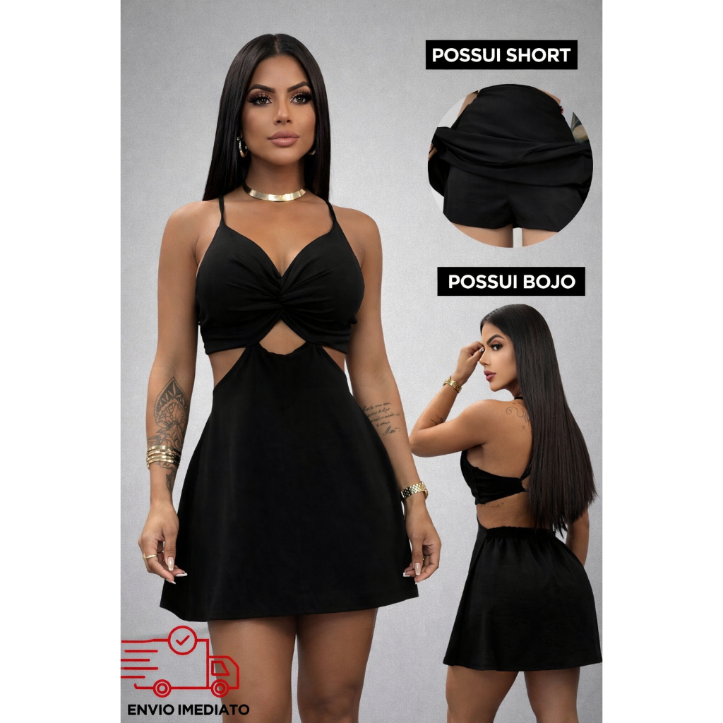 Vestido Curto Feminino com Short Interno Tecido Duna - Bojo + Recorte na Cintura Amarração nas Costas Nua - Macaquinho