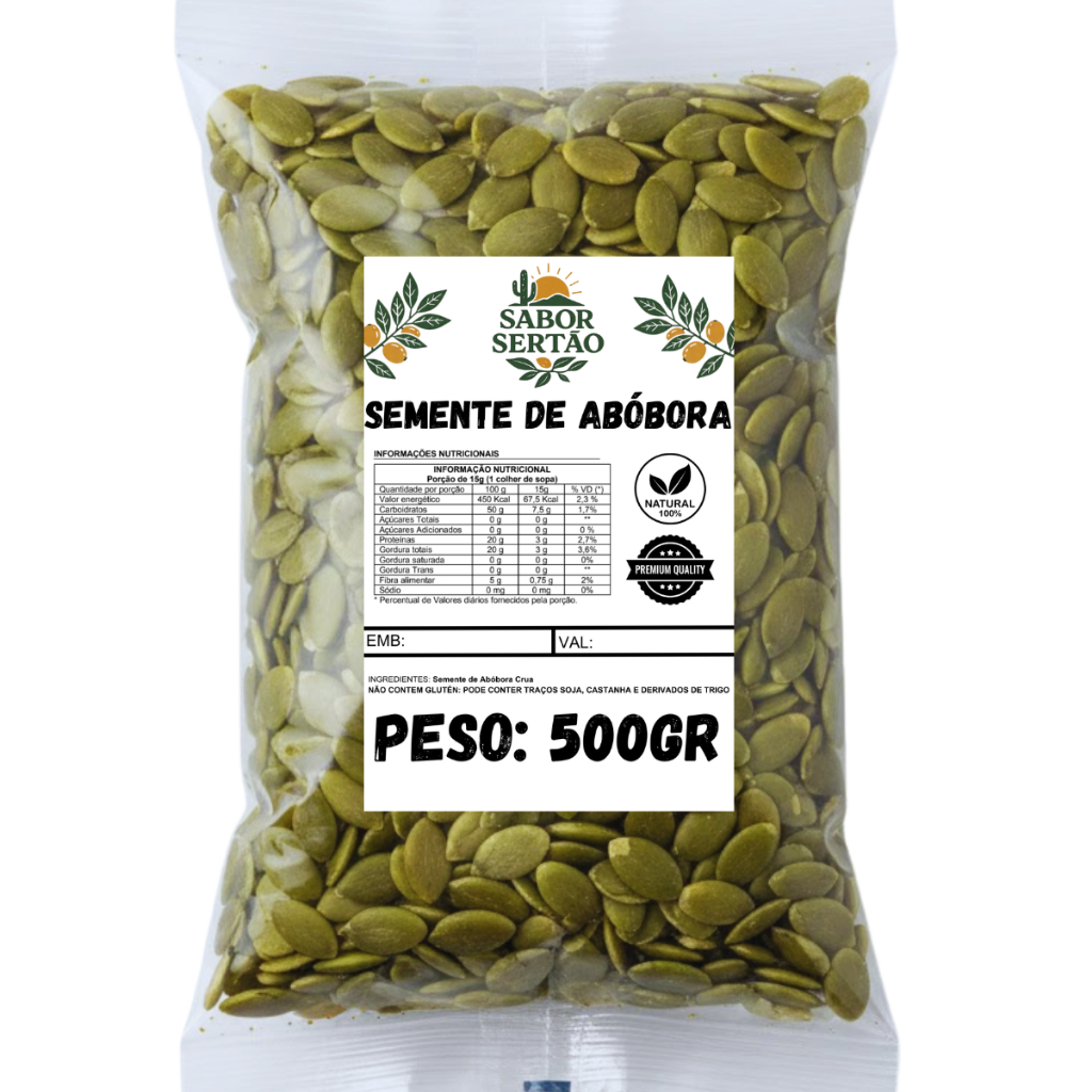 Semente de Abóbora Crua Sem Casca Sem sal Verde 500GR