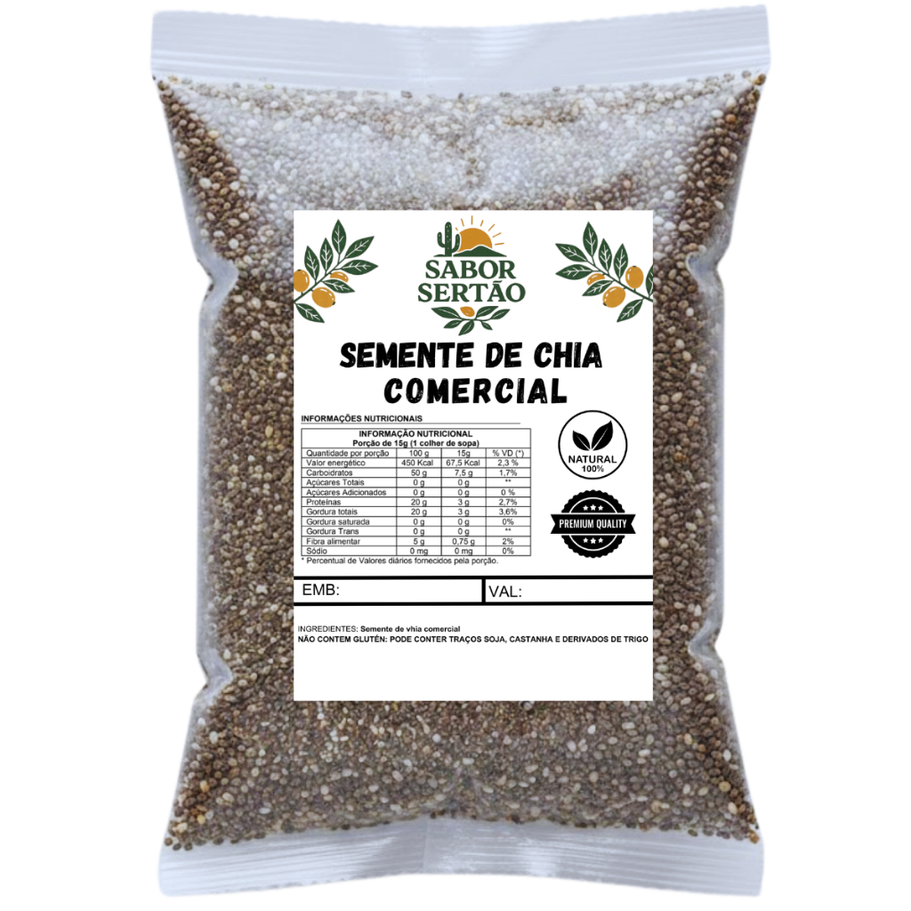 Semente De Chia Comercial 100% Natural sem glúten 1KG - 500GR em Oferta na Shopee