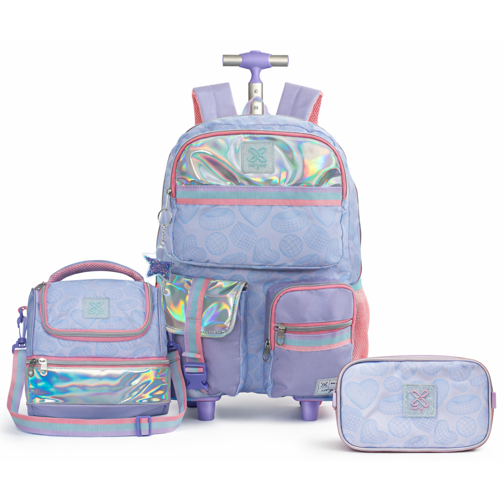 Kit Escolar Mochila De Rodinhas Lancheira Estojo Geométrico em Oferta na Shopee