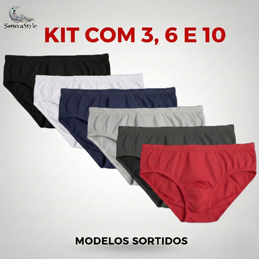 Cueca Slip Algodão 100% Kit 10,6 e 3 - Estilo Confortável e Respirável Adulto em Oferta na Shopee