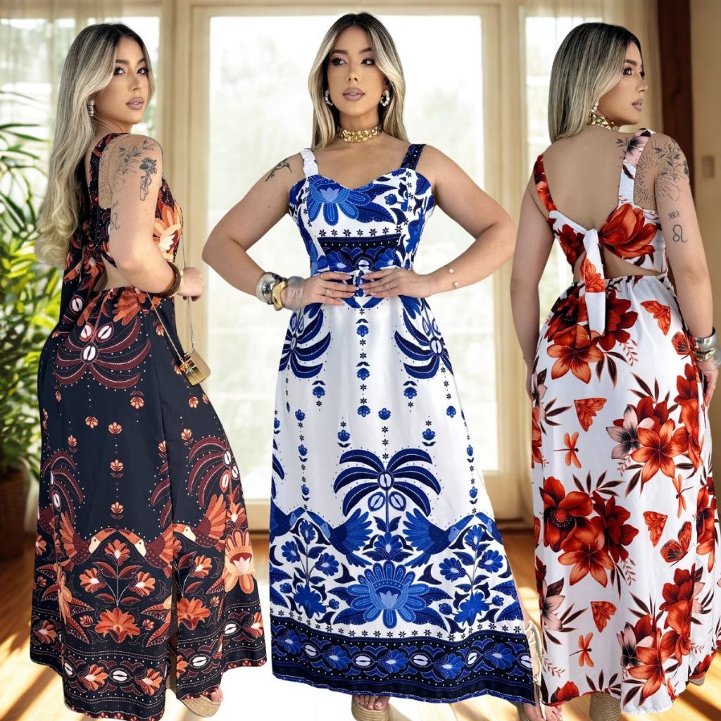 Vestido Longo Floral Tropical Com Bojo Feminino Amarração Ajustável Caimento Impecável
