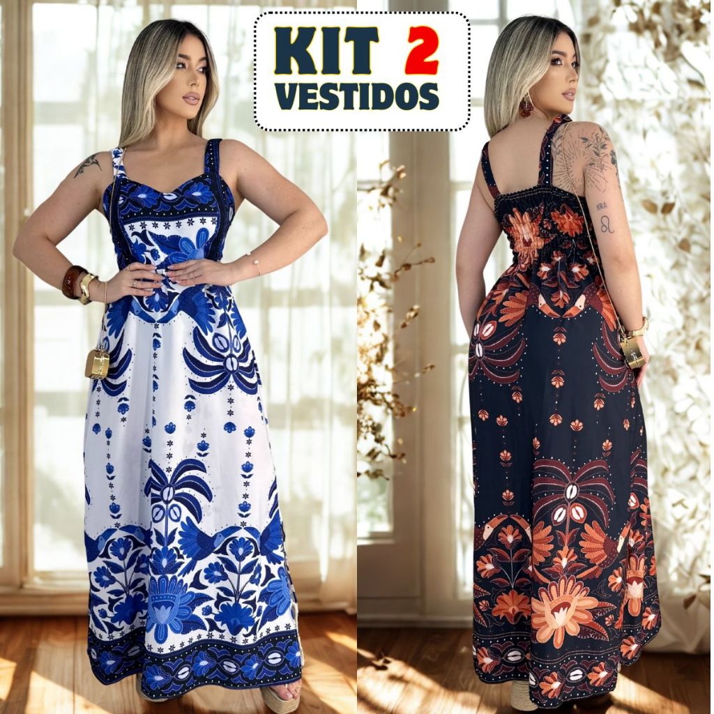 Conjunto 2 Vestidos Longos Femininos com Bojo Liso Floral Ajustáveis Elegante Confortável em Oferta na Shopee