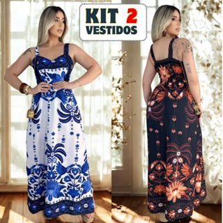 Conjunto 2 Vestidos Longos Femininos com Bojo Liso Floral Ajustáveis Elegante Confortável em Oferta na Shopee