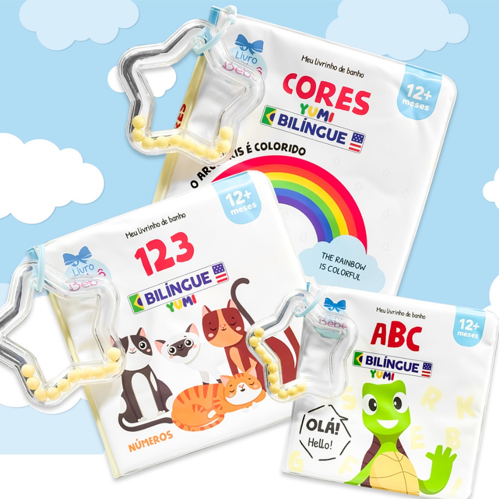 Coleção Livros De Banho Para Bebês Bilíngue Interativo 0 A 6 Meses Brinquedo Bebê Chocalho
