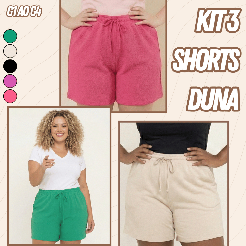 Kit 3 Shorts Feminino Bermuda Feminina Plus Size Soltinho Leve Saída Praia G1 G2 G3 G4 Cintura Verão