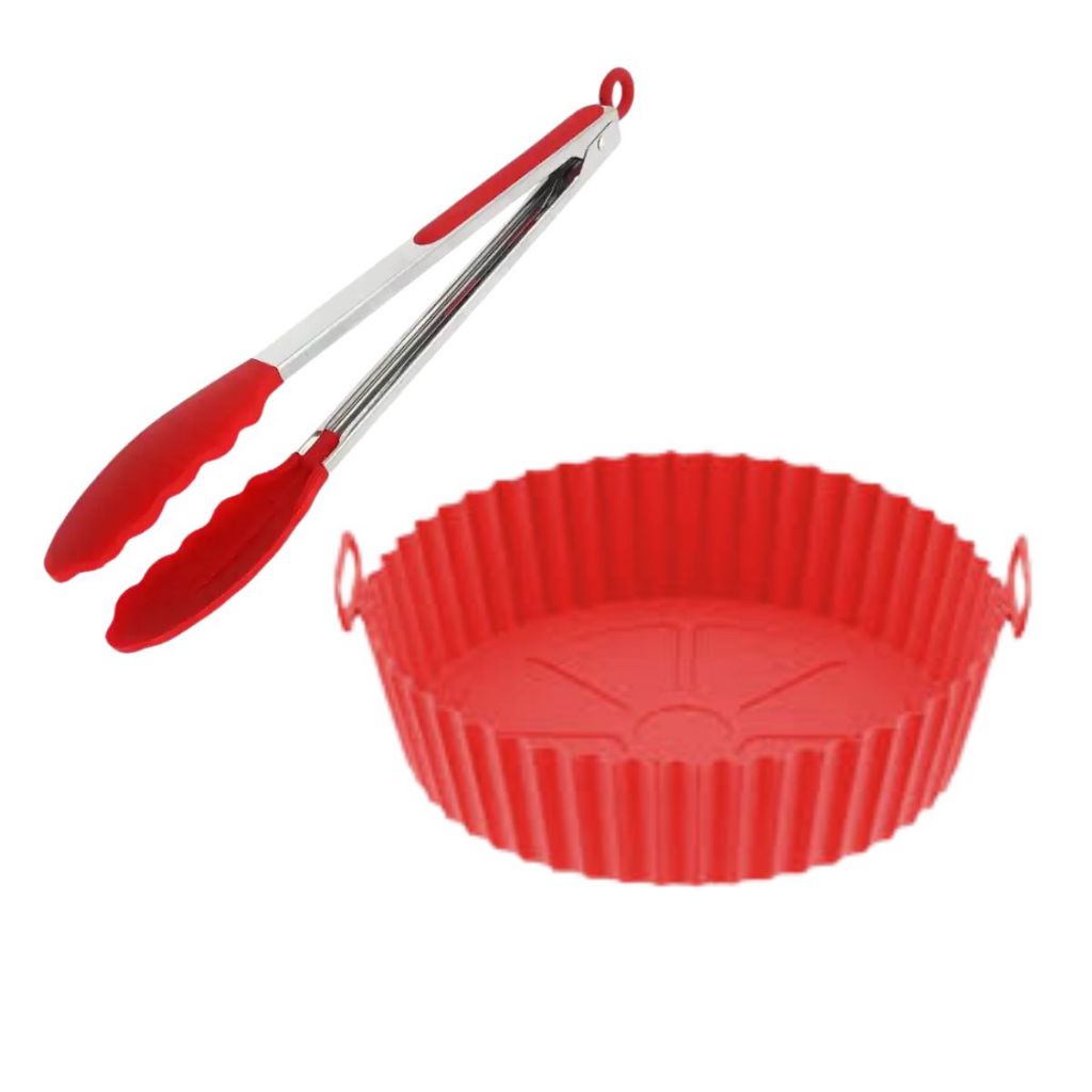 Kit Forma Silicone e Pegador para Air Fryer Assadeira Cesto protetor