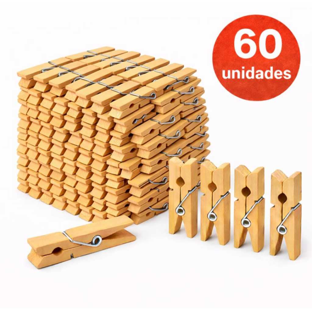 60 Prendedor de Roupa de Madeira Reforçado Resistente para Varal Econômico Kit e Unidades