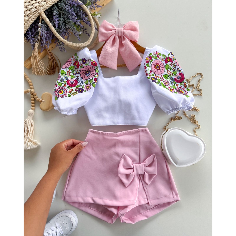 Conjunto Infantil Juvenil Feminino Cropped e Short Saia Alfaiataria Manga Princesa 4 ao 12