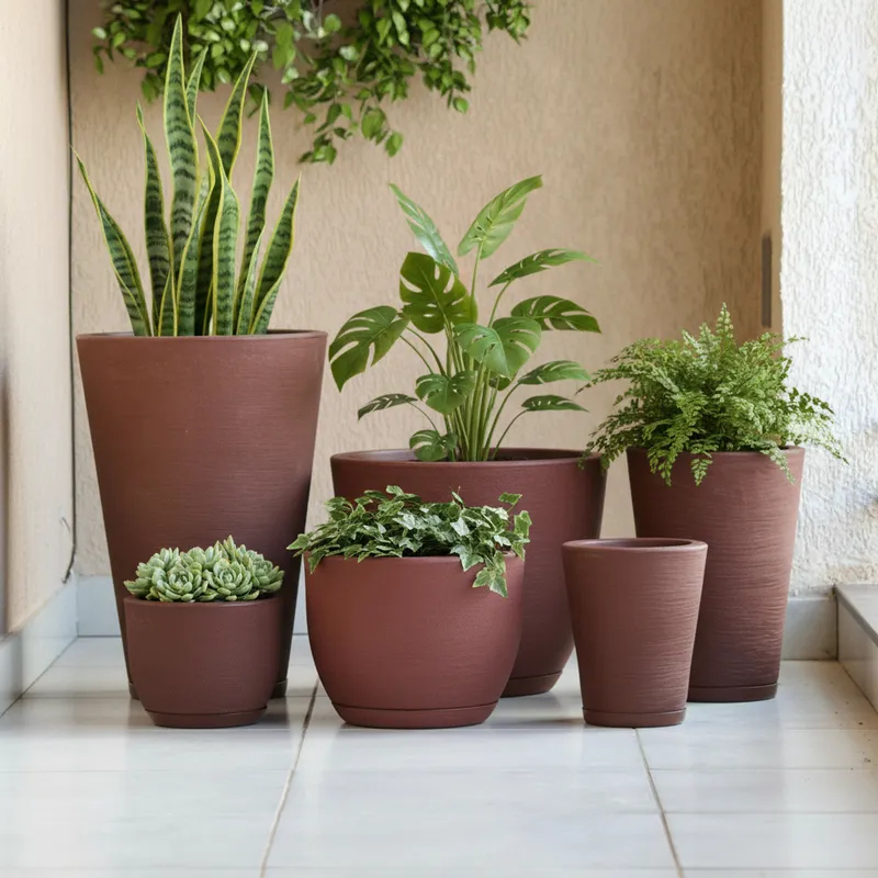 6 Vasos de Plantas Grandes Decorativo Colunas e Bojos com Prato em Polietileno