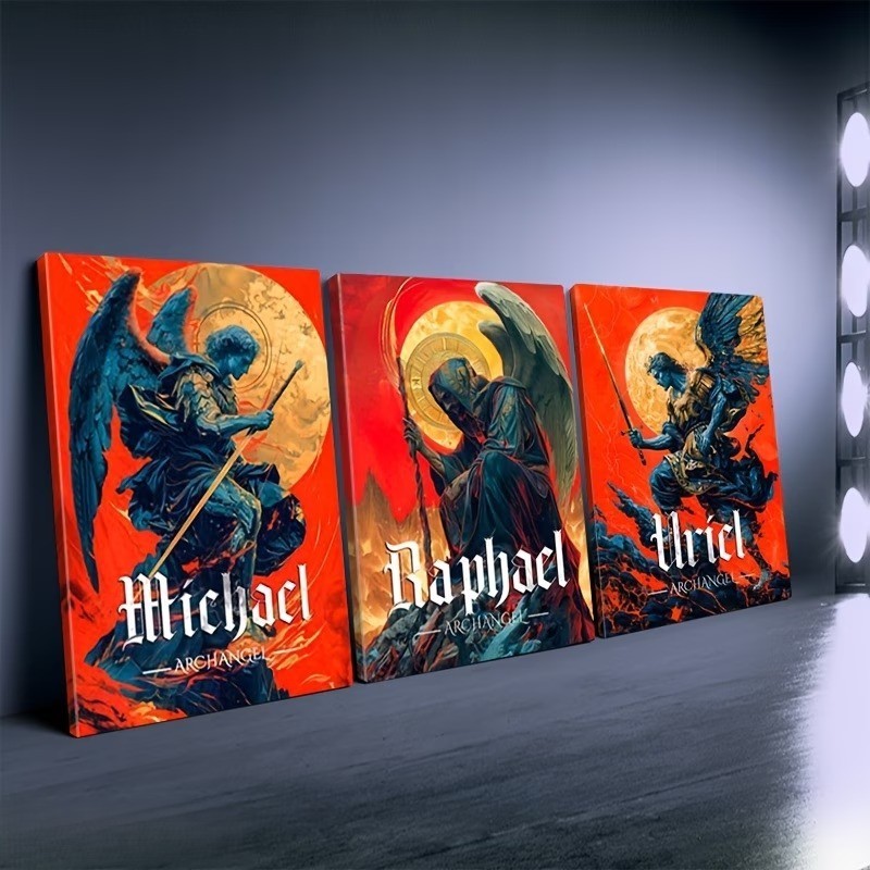 Kit 3 Quadros Decorativos Arcanjos Miguel Rafael Uriel Religioso Fantasia Épico Laranja Azul