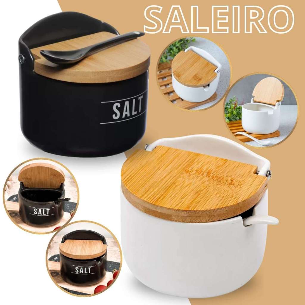Saleiro De Porcelana Com Colher E Tampa De Bambu