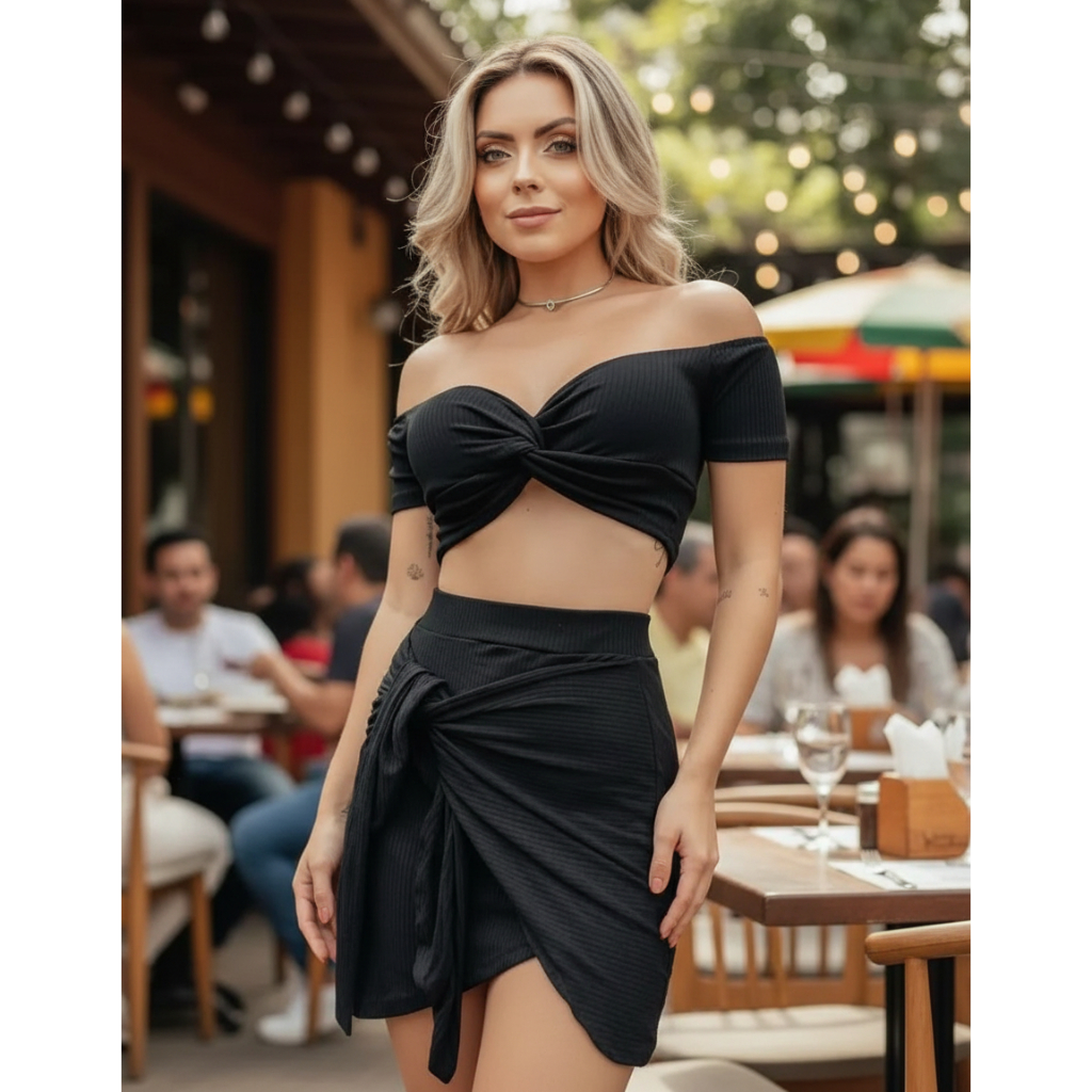 Conjunto Feminino Saia e Cropped Bojo Blusa Modelo Ciganinha Saia Amarrar Envelope Viscose Canelado